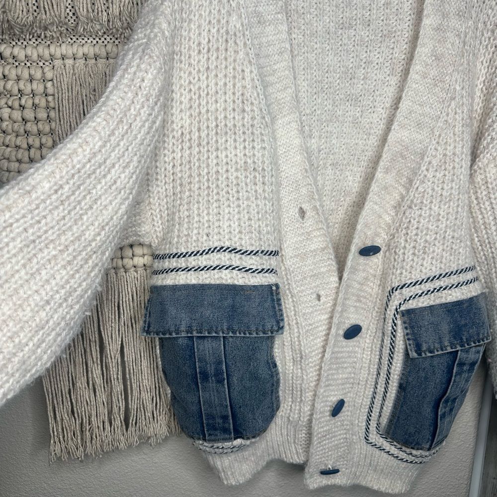 Oversized Cream Knit and Denim Sweater - Picture 2 of 4